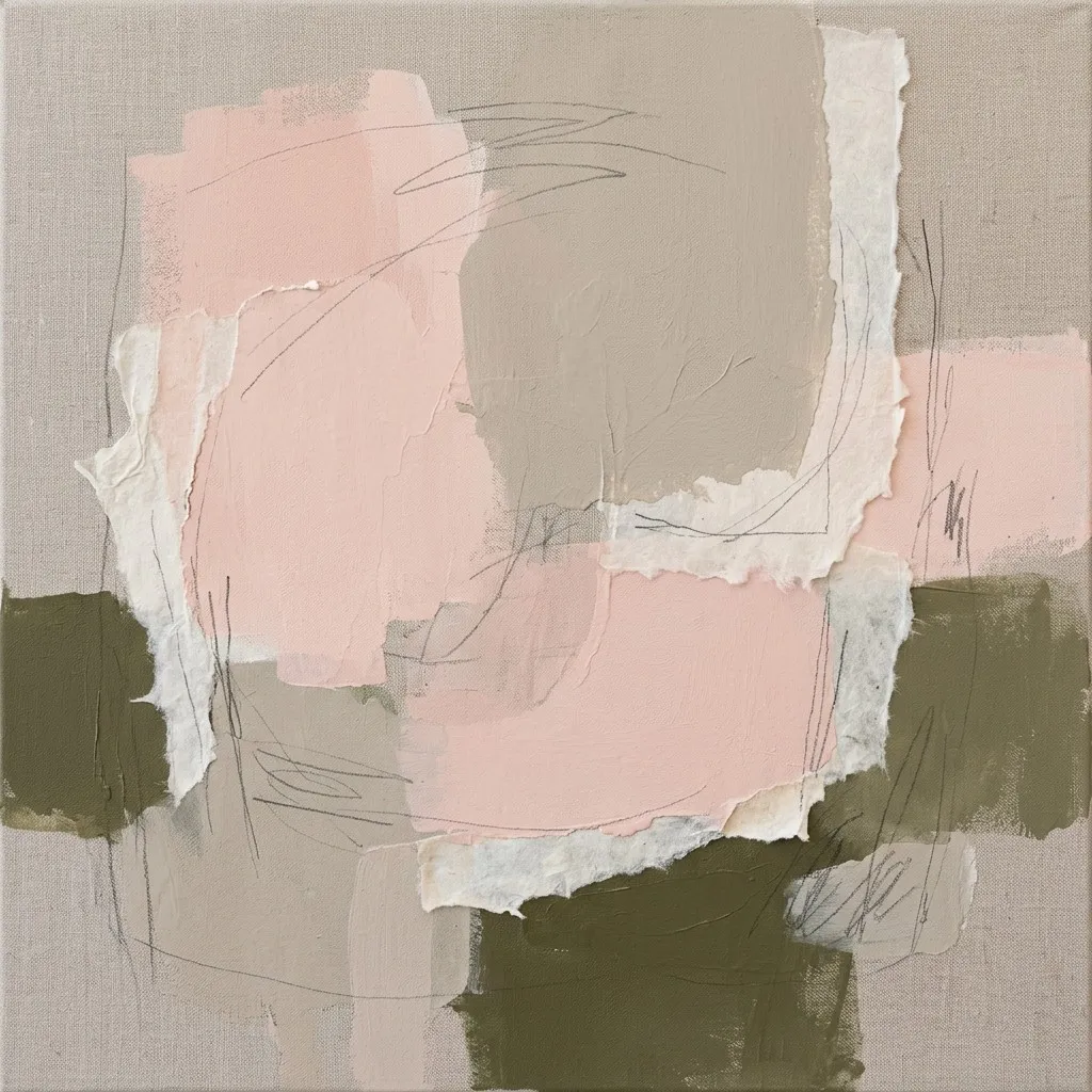 Collage abstract in blush pink, stone and olive with pencil lines