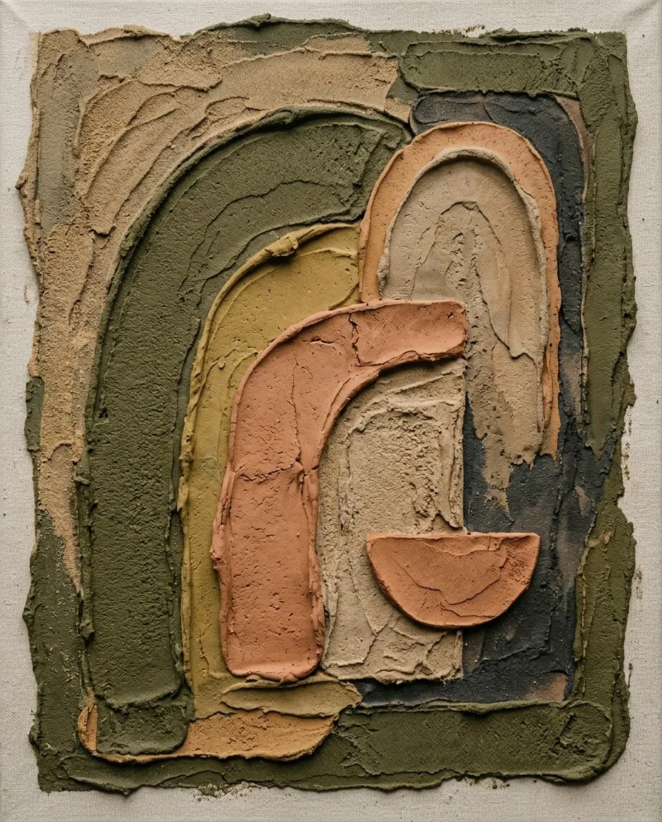 Textured abstract of terracotta and olive arches