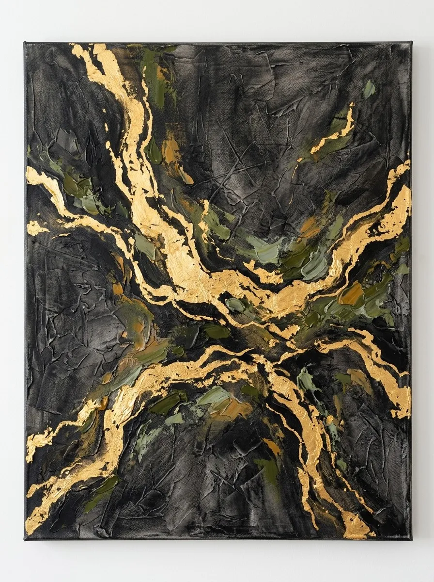 Dark graphite textured painting with flowing rivers of gold leaf