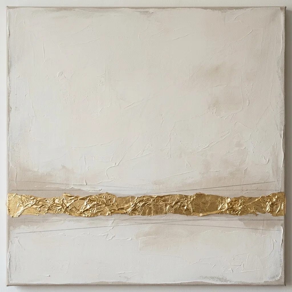 Minimal off-white textured painting with a horizontal band of gold leaf