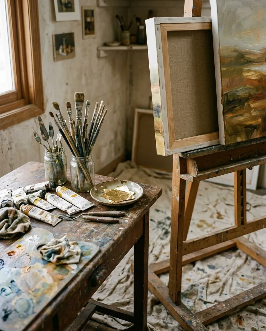 Polina's studio: easel, brushes, palette knives and gold leaf